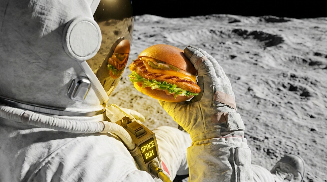 A SpaceBun chicken burger held up on the surface of the moon