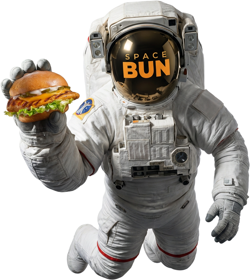 A SpaceBun astronaut floating in space holding a burger, visor tinted with the SpaceBun logo