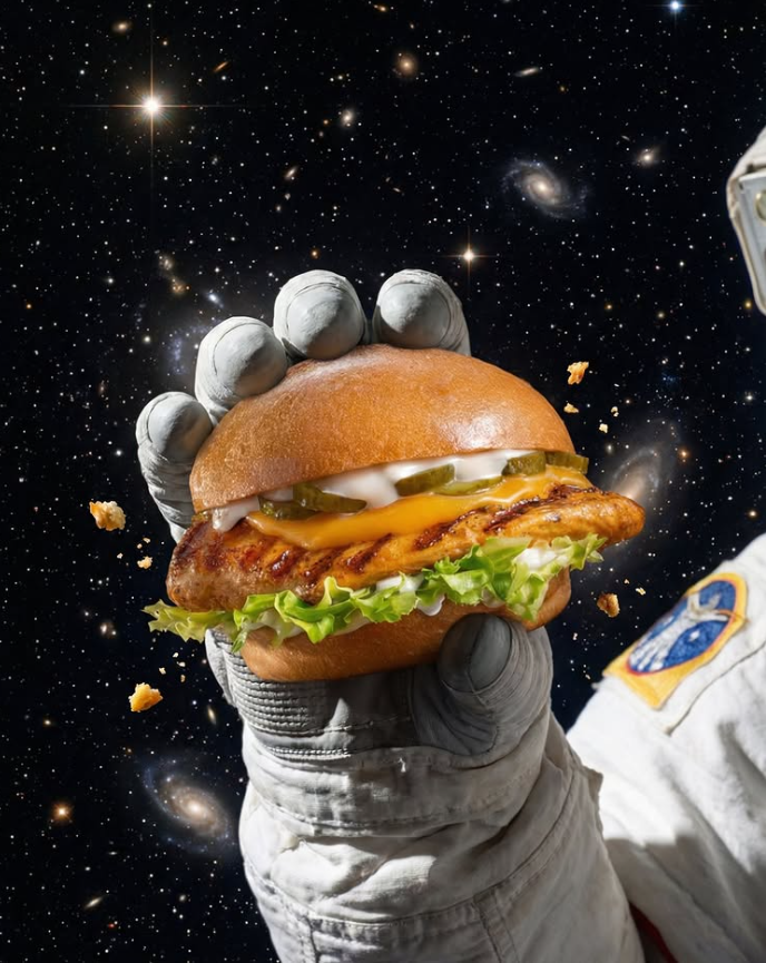 A SpaceBun burger held in a gloved hand against a starfield